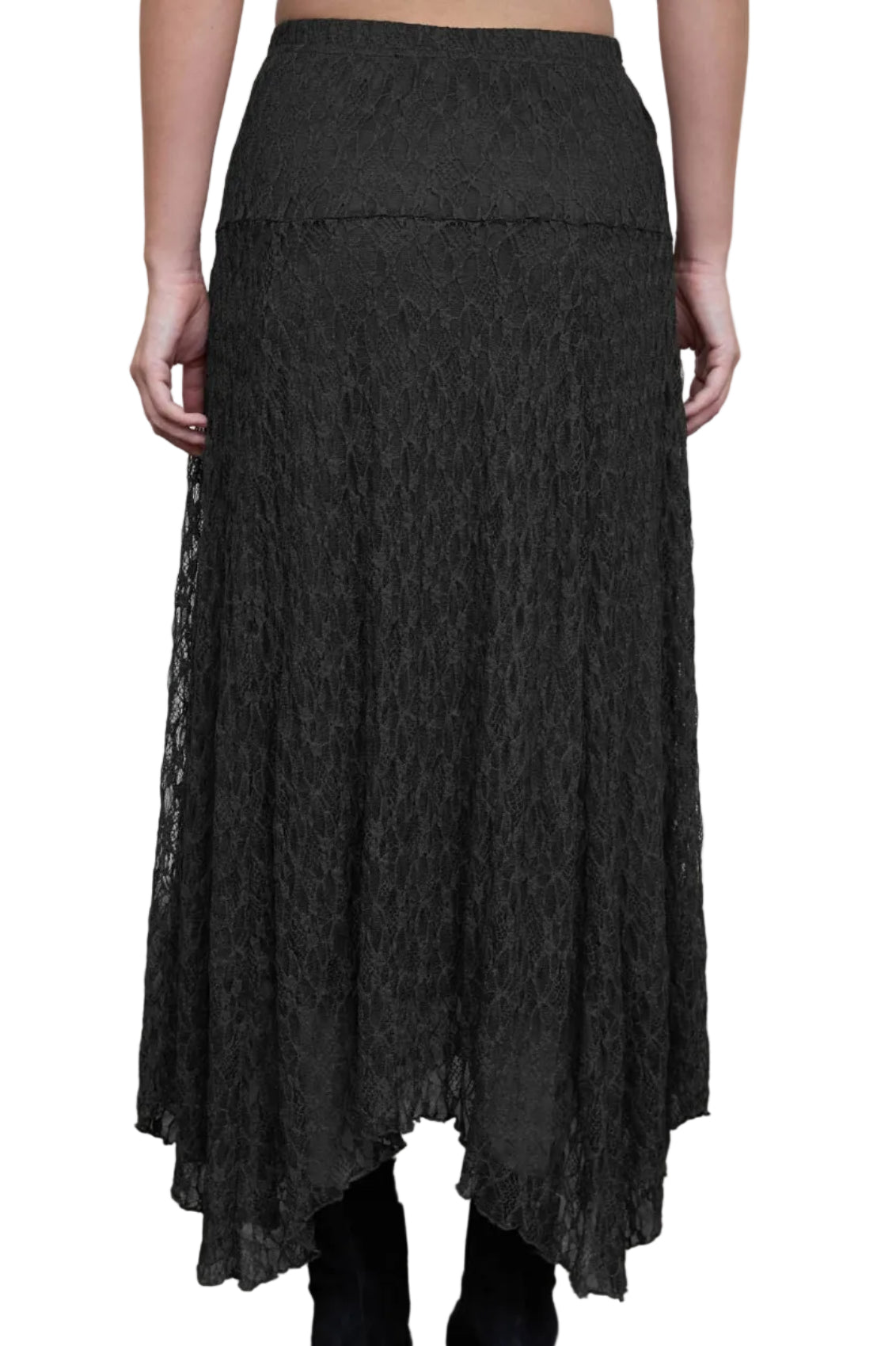 A black lace midi skirt with a tiered design and asymmetrical hem, shown on a model from the back against a neutral studio backdrop.