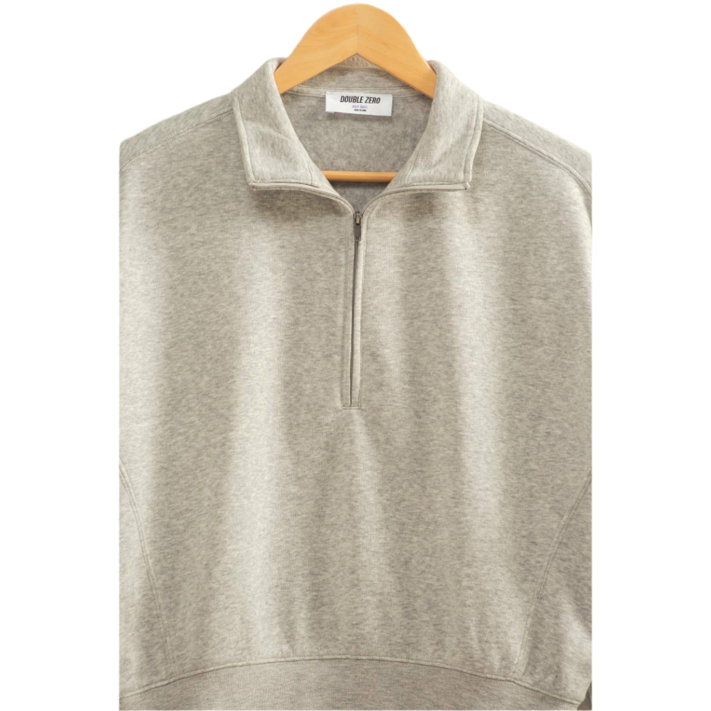 Gray half-zip sweatshirt on a wooden hanger against a light gray background
