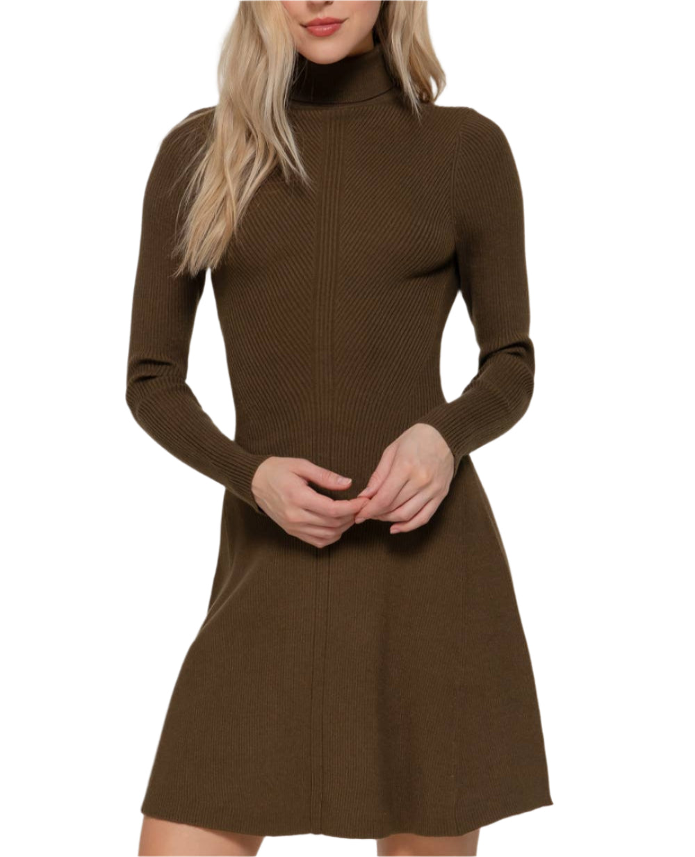 Woman wearing a brown dress against a plain background