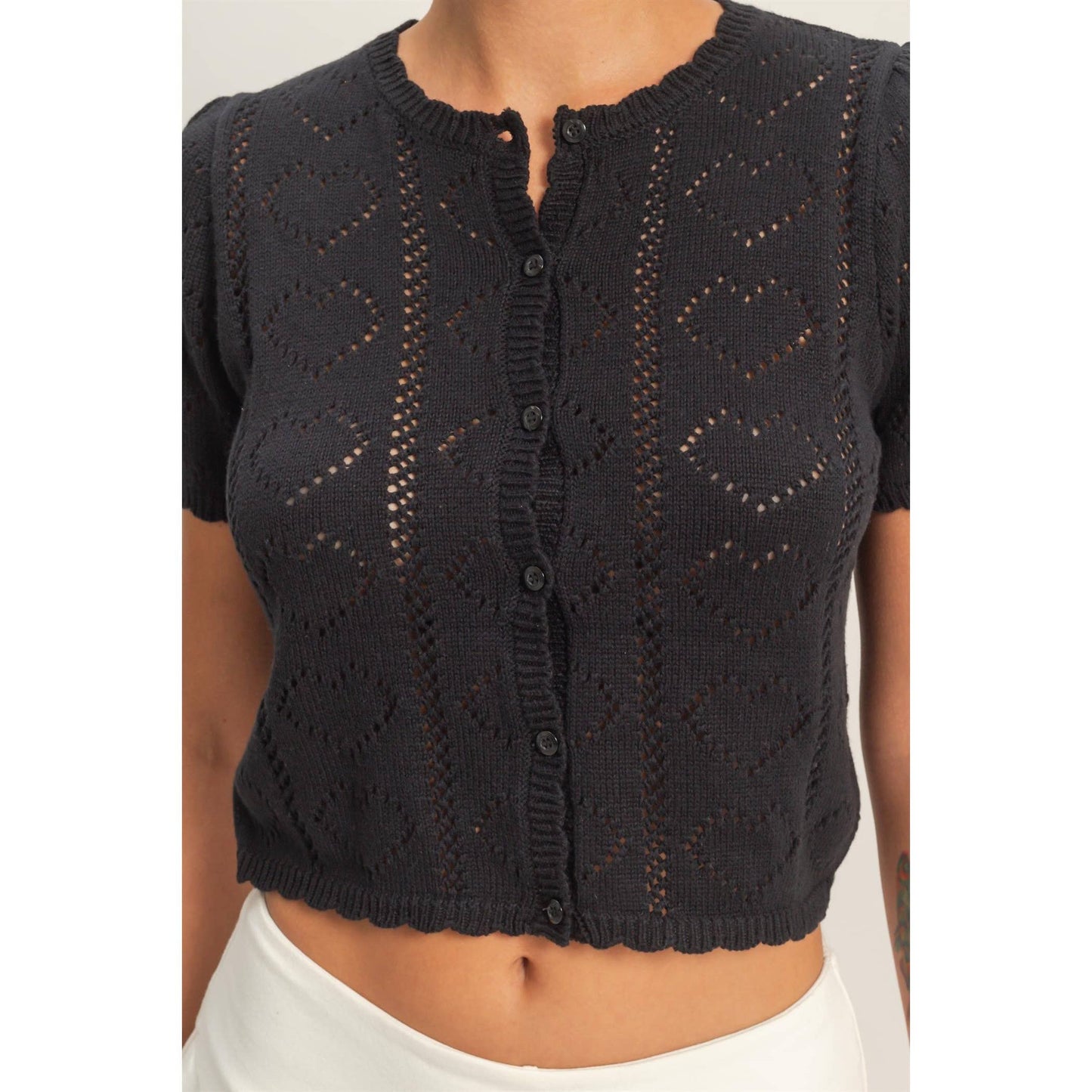 Black Pointelle Knit Cardigan