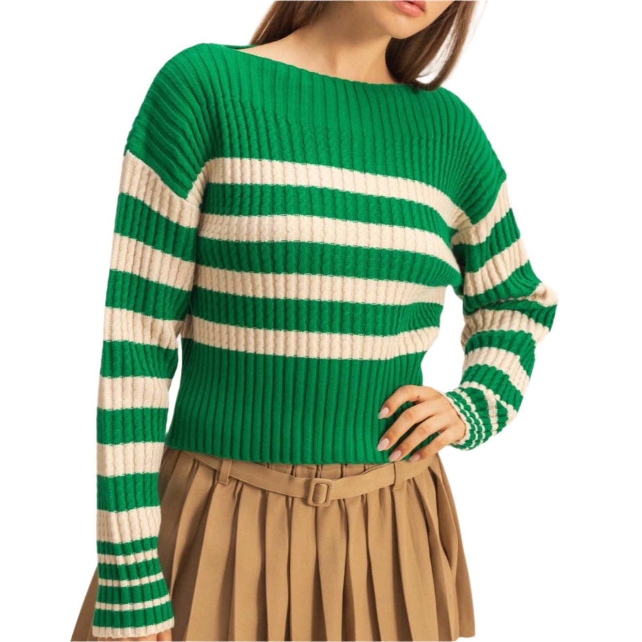 Green Striped Boat Neck Sweater