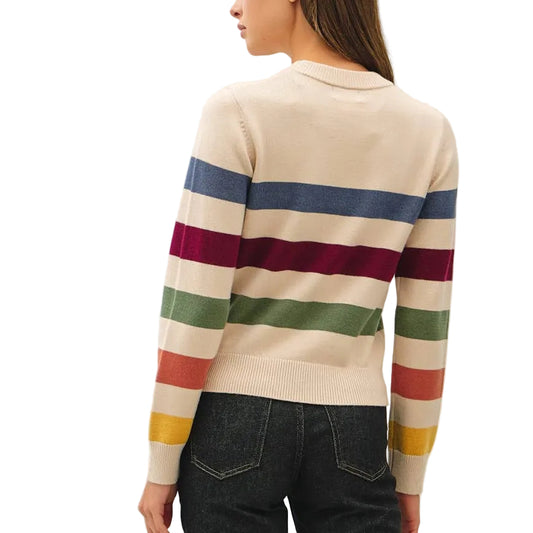 A woman shown from the back wearing a cream knit sweater with horizontal multicolor stripes in blue, burgundy, green, orange, and yellow, paired with dark wash jeans and tan platform sandals, against a plain white studio background.