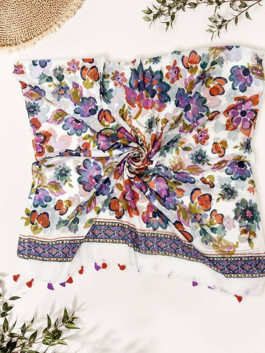 Purple-Blue Tassel-Detailed Watercolor Floral Scarf/Shawl