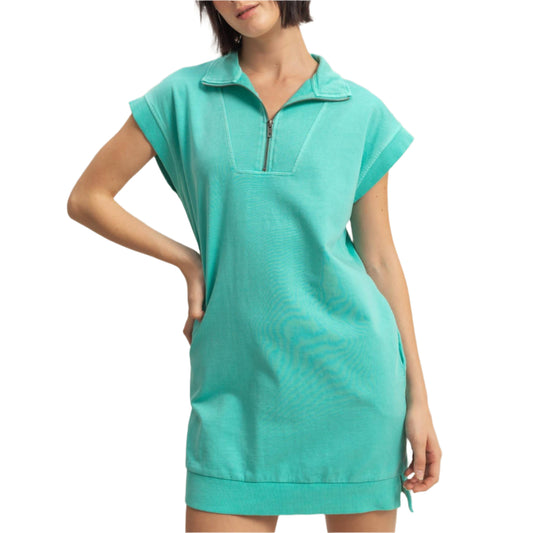 Iced Aqua Half Zip Up Mock Neck Mini Dress