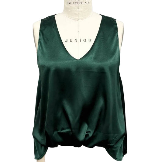 A dark green satin sleeveless top displayed on a cream dress form mannequin against a light gray wall.