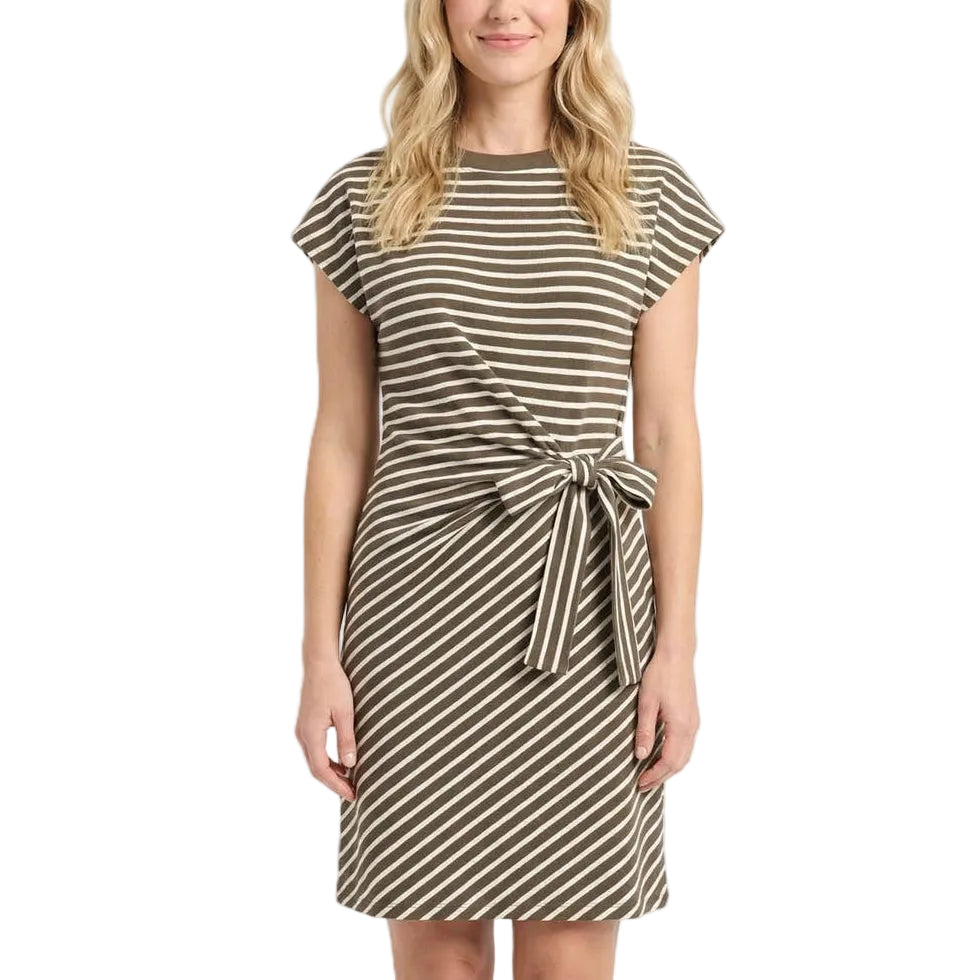 Woman wearing a striped dress on a light gray background
