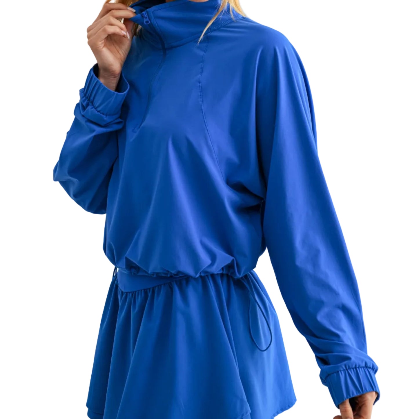 Woman wearing a blue outfit on a white background