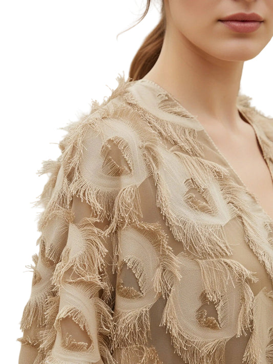 Taupe High-Low Feather Fringe Textured Open Front Kimono