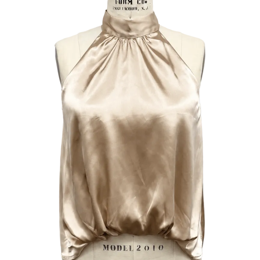A sleeveless high-neck satin top in a champagne beige color, displayed on a cream-colored dress form mannequin against a light gray background.