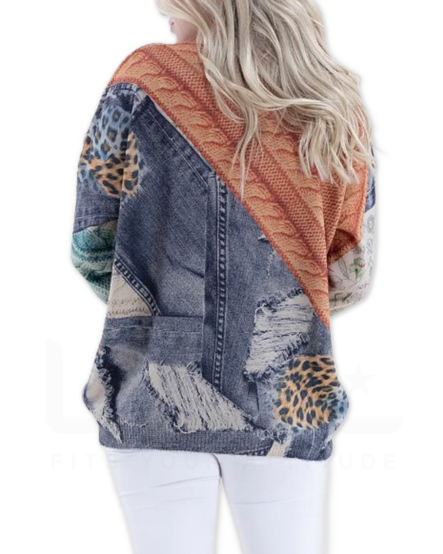 Diagonal Cable Stitch Denim Digital Print Mixed Mexia Sweater