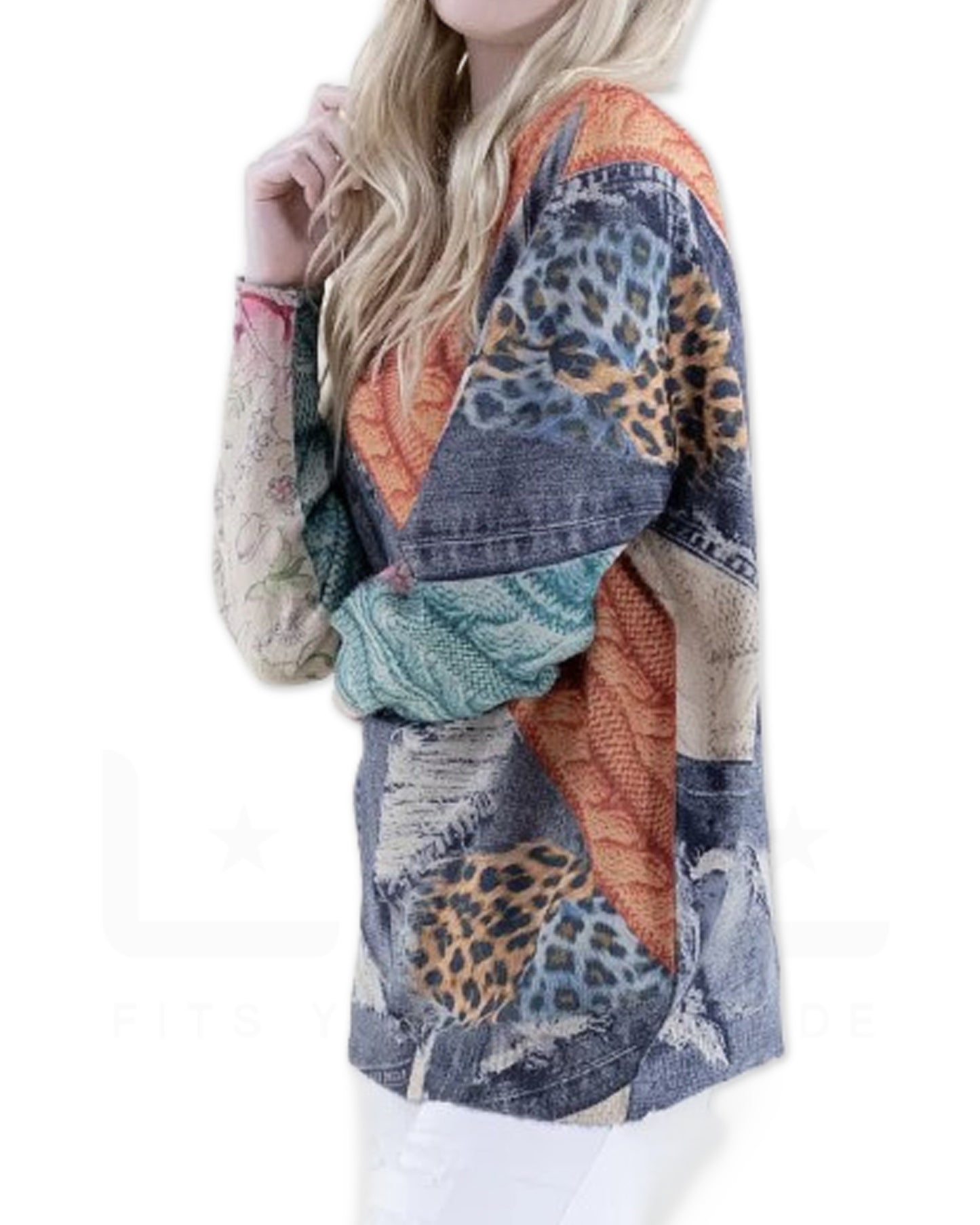 Diagonal Cable Stitch Denim Digital Print Mixed Mexia Sweater