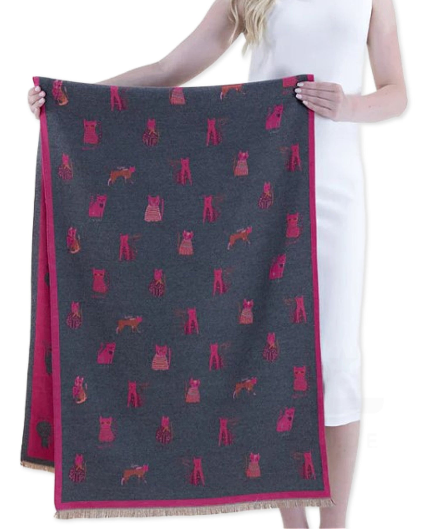 Classy Cat Pattern Scarf - Fuchsia