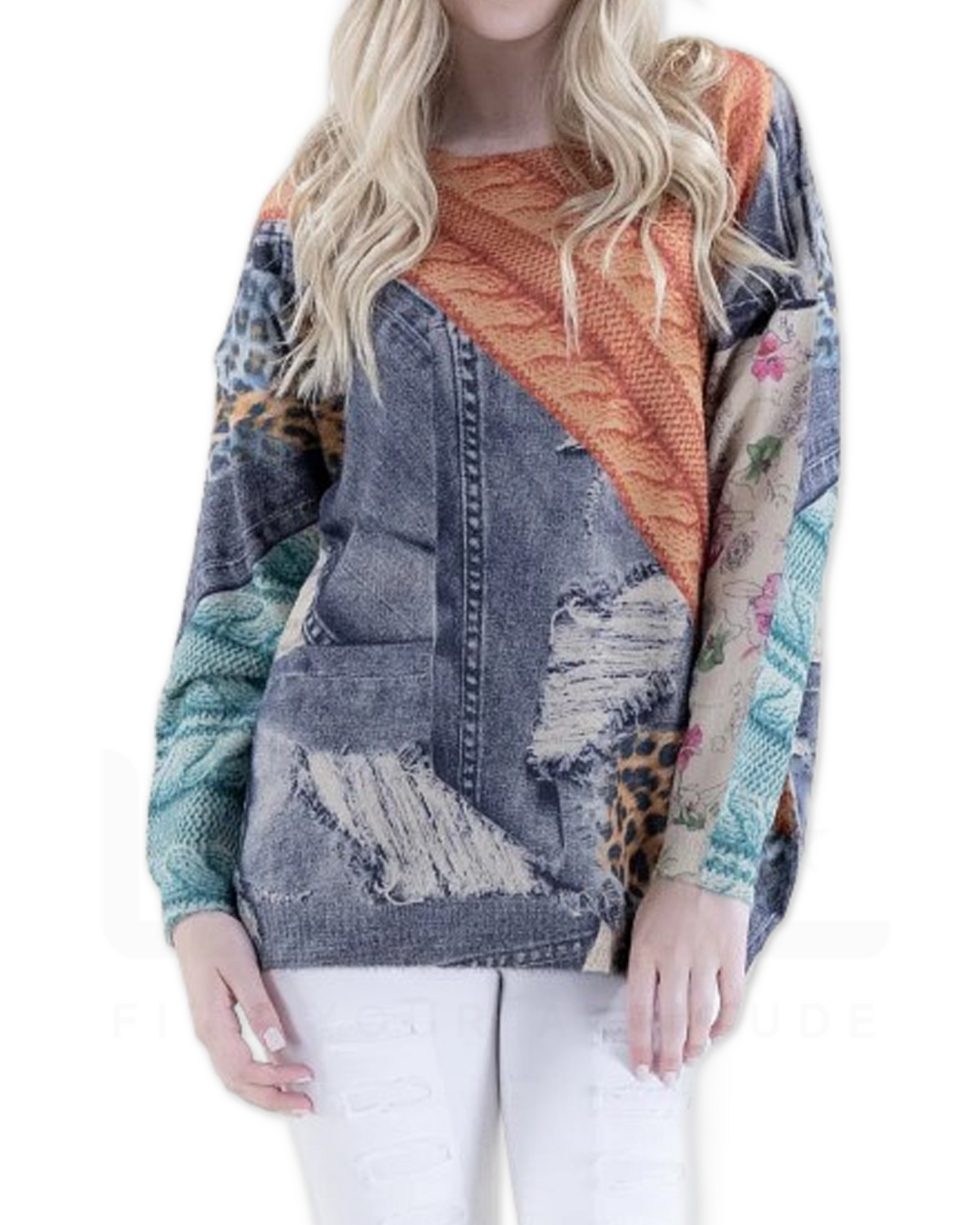 Diagonal Cable Stitch Denim Digital Print Mixed Mexia Sweater