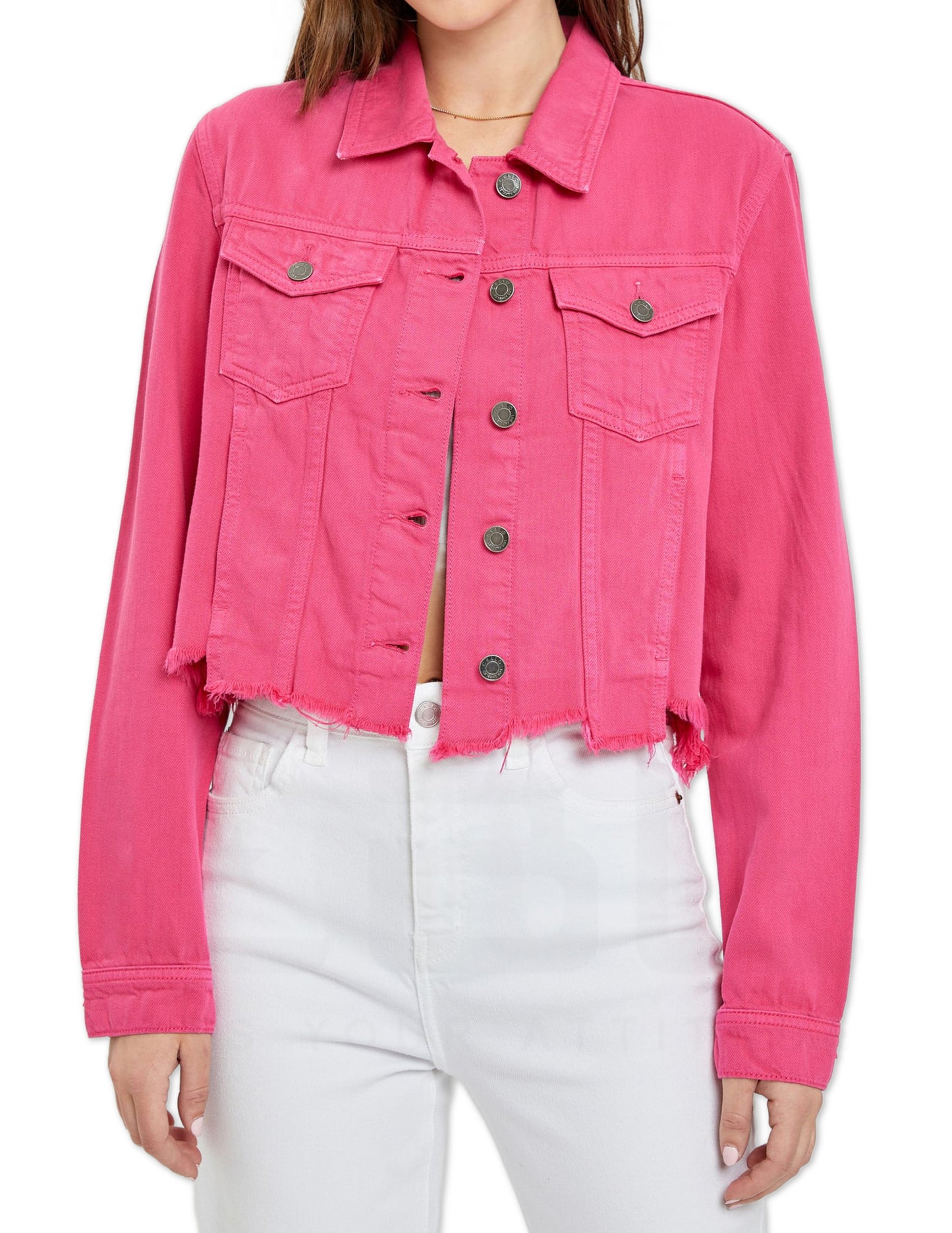 Uneven Frayed Denim Jacket - Raspberry