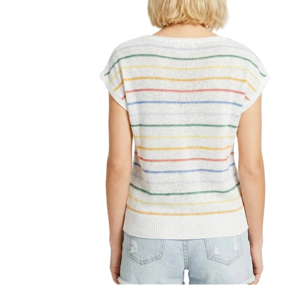 Person wearing a striped shirt with a plain background