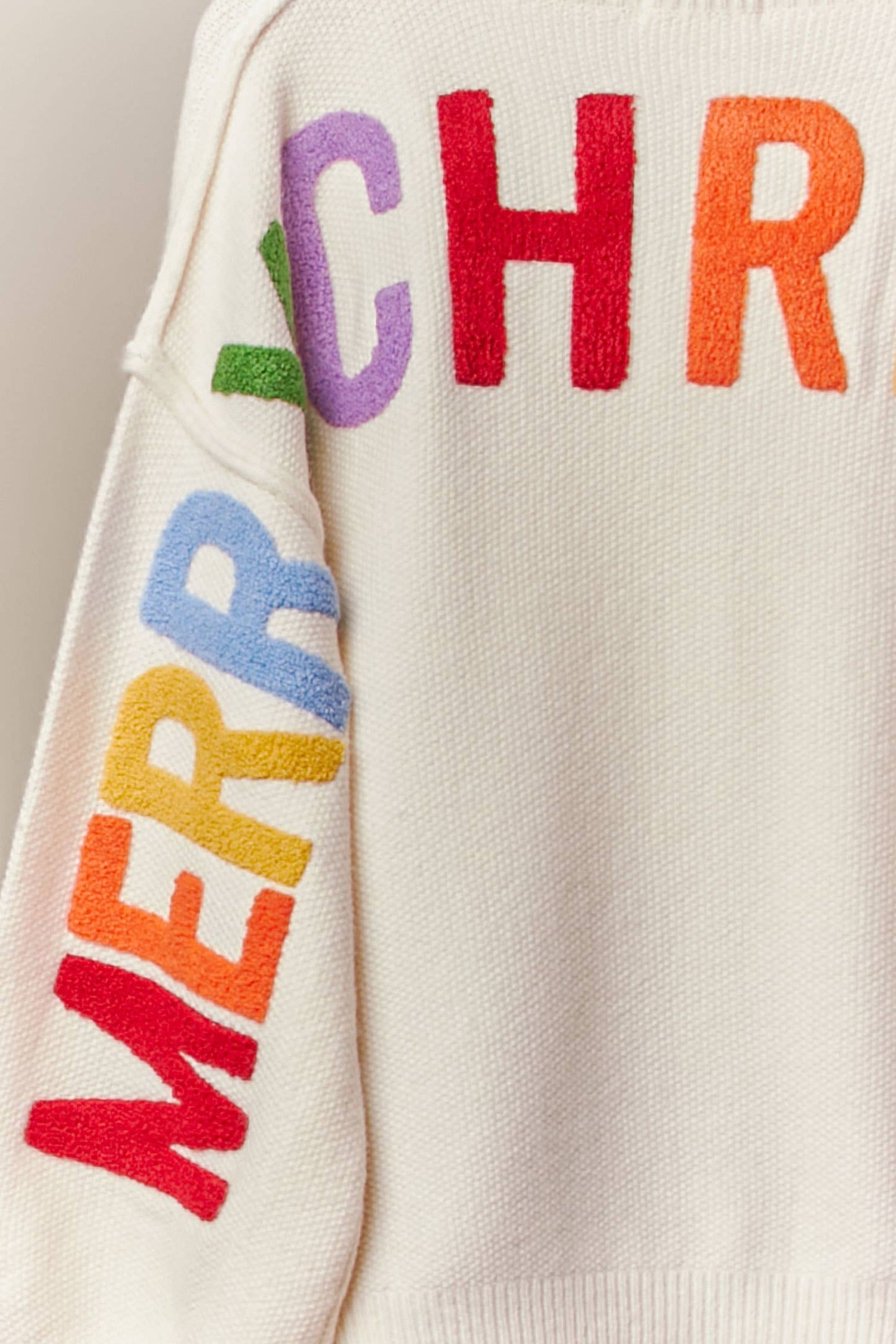 Ivory Christmas Lettering Patchwork V Neck Cardigan