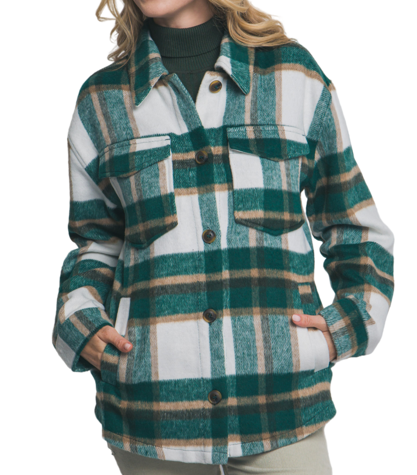 Person wearing a green and white plaid jacket on a plain background