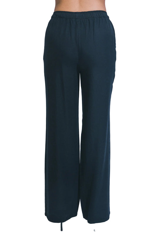 Black wide-leg pants on a plain background