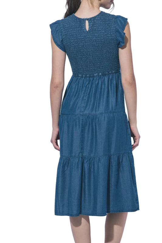Denim Smocked Ruffle Midi Dress