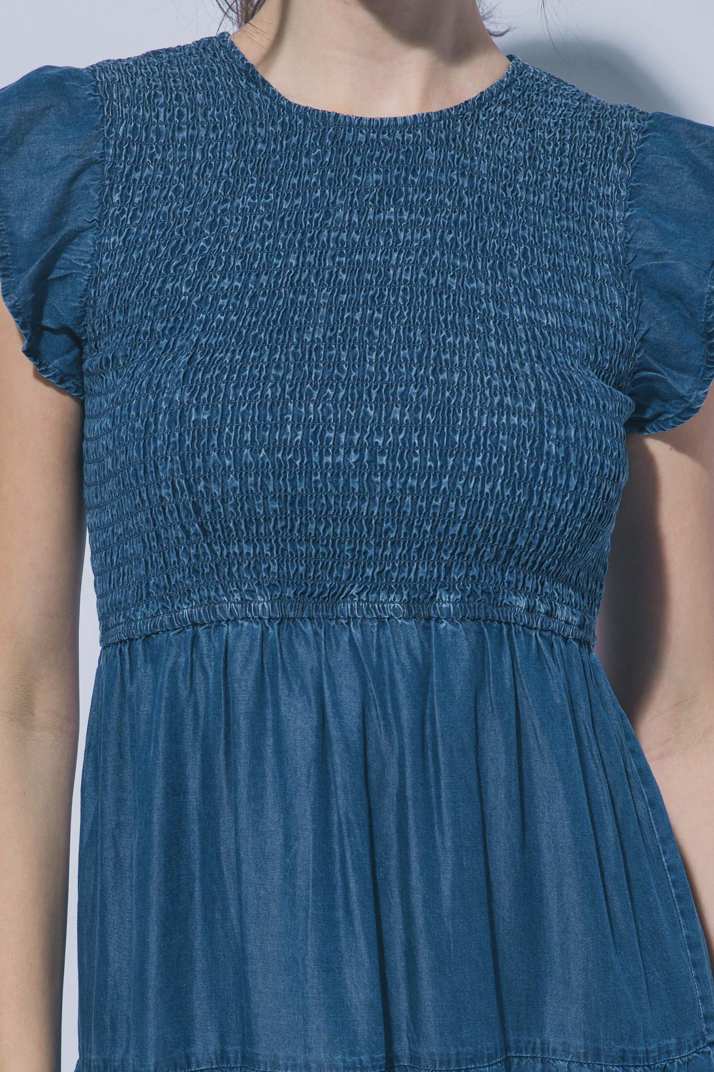 Denim Smocked Ruffle Midi Dress