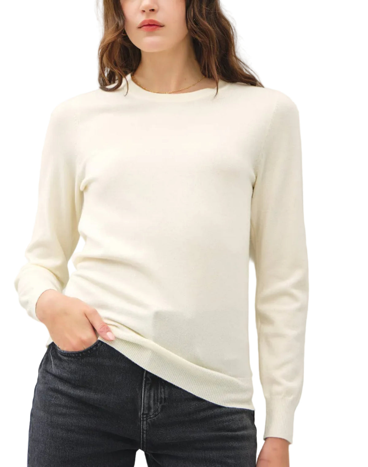 Best Selling Ivory COLOR-VISCOSE CREW NECK SOFT KNIT SWEATER