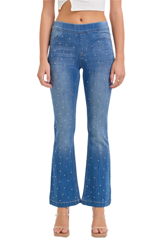 Rhinestone Mid Rise Flare Jean