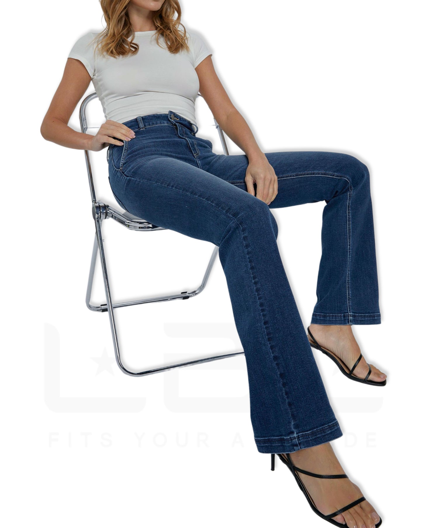 High Rise Double Button Bootcut Dark Denim Jeans