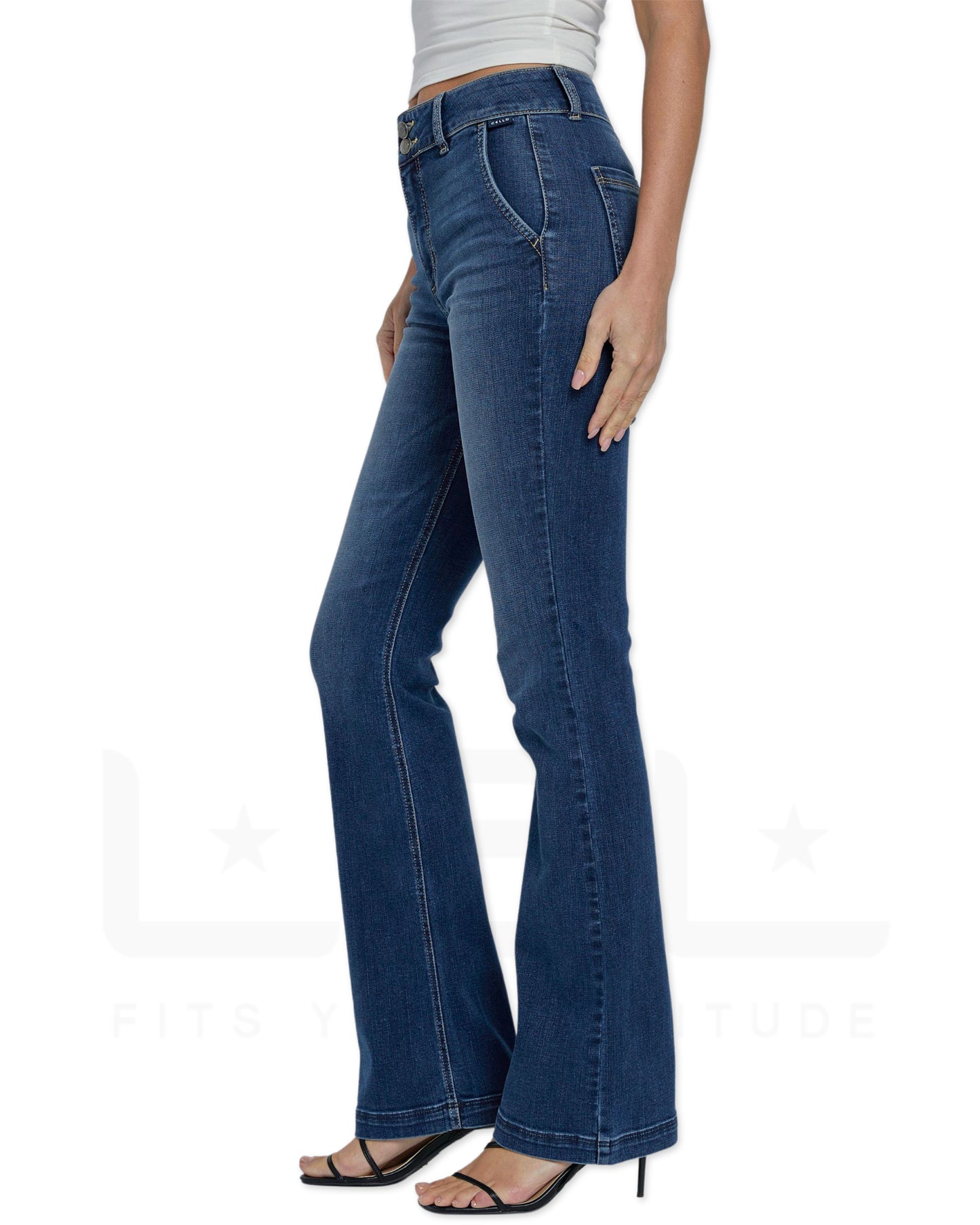 High Rise Double Button Bootcut Dark Denim Jeans