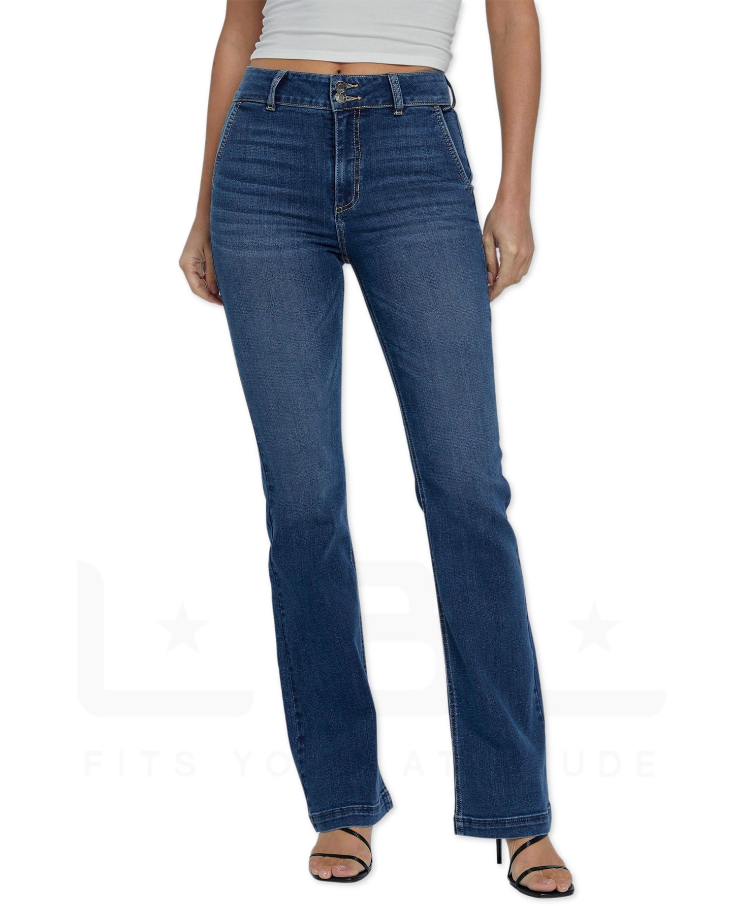 High Rise Double Button Bootcut Dark Denim Jeans