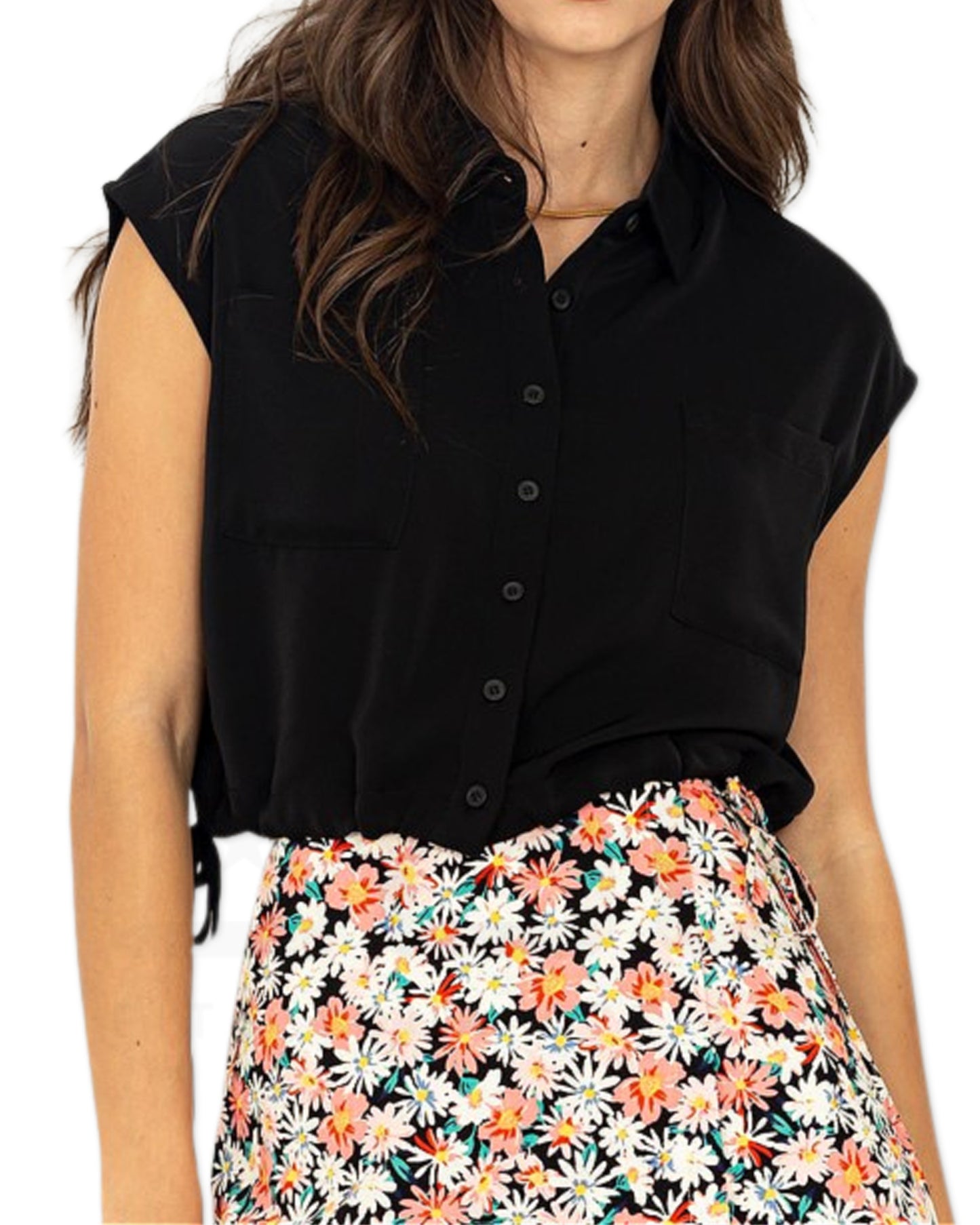 Black Drawstring Waist Hemline Cropped Top