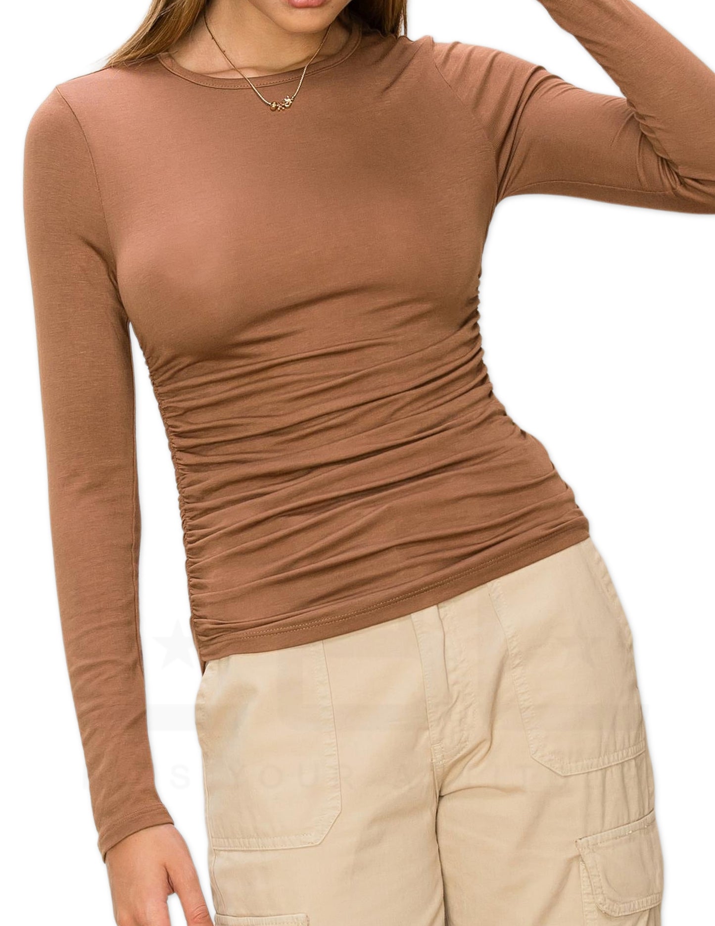Long Sleeve Ruched Top - Tiramisu
