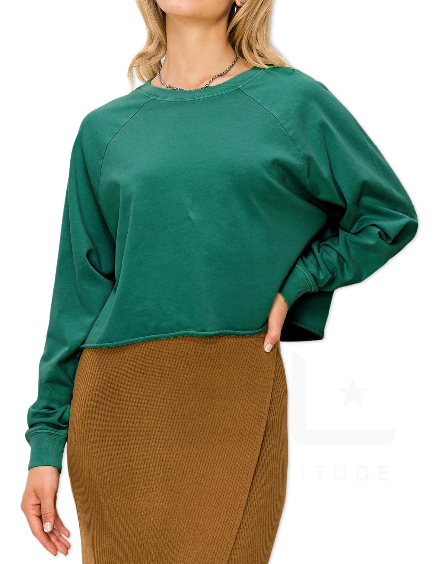 Raglan Sleeve Crop Sweater - Pine Green