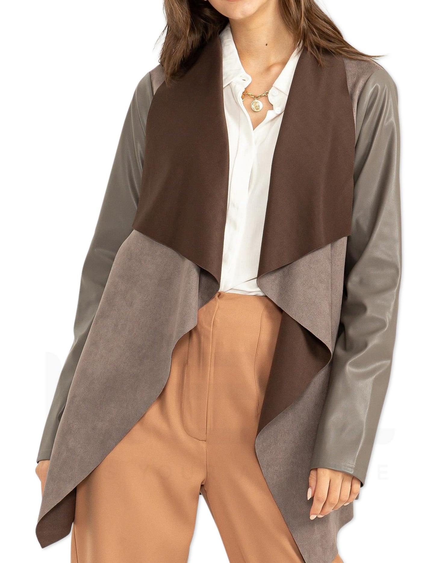 Faux Suede Open Jacket - Dark Grey