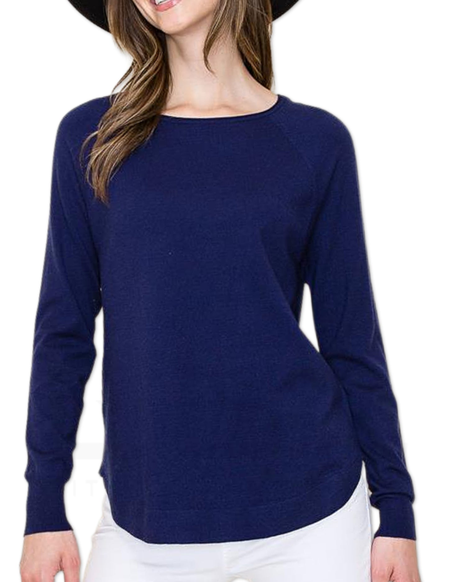 Boat Neck High Low Pullover Sweater - Dark Navy