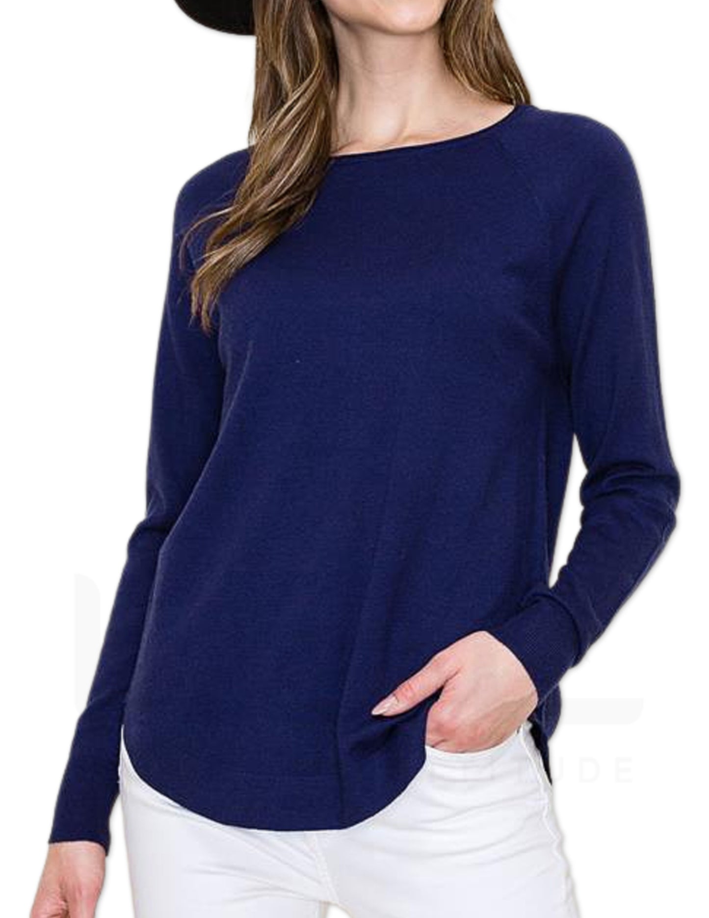 Boat Neck High Low Pullover Sweater - Dark Navy