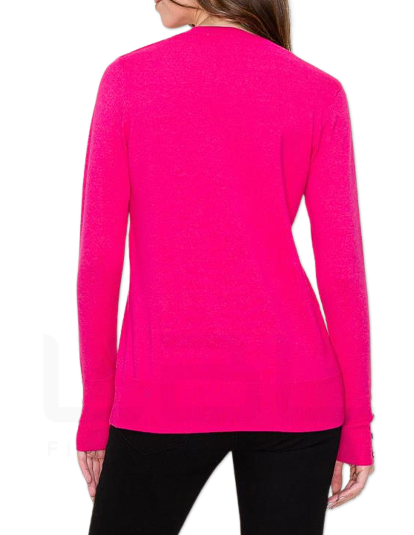 Button Detailed Cuff Pullover Sweater - Hot Pink