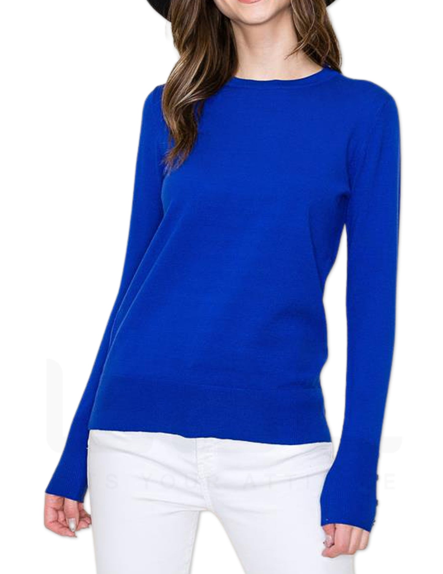 Button Detailed Cuff Pullover Sweater - Royal Blue