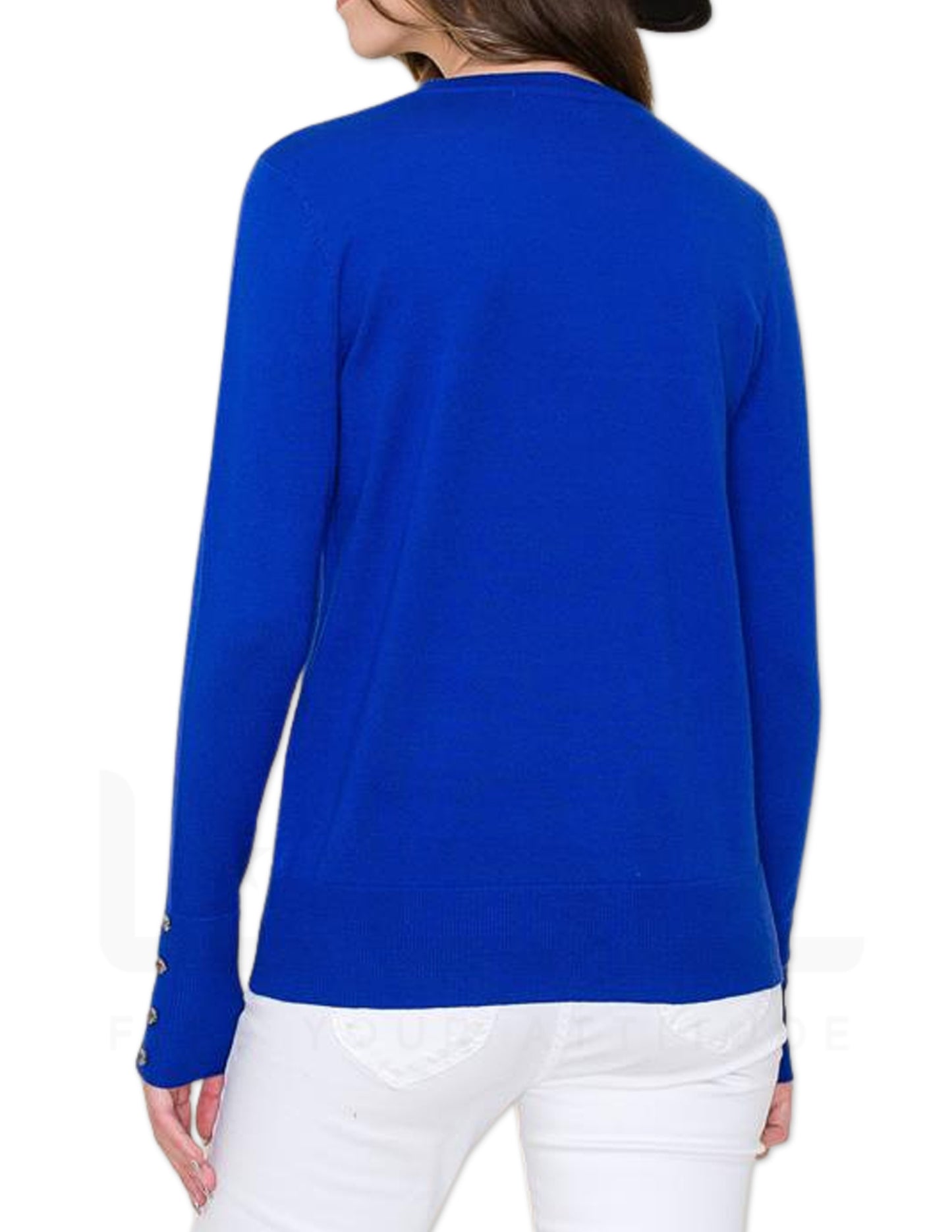 Button Detailed Cuff Pullover Sweater - Royal Blue