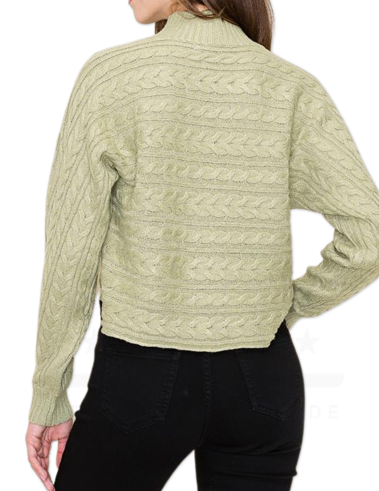 Cable Knit Mock Neck Sweater - Sage
