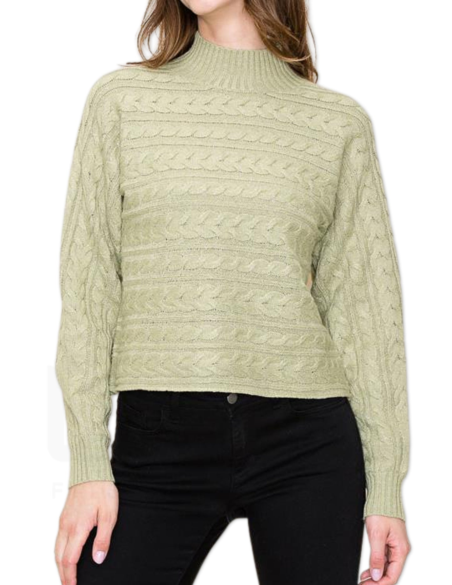 Cable Knit Mock Neck Sweater - Sage
