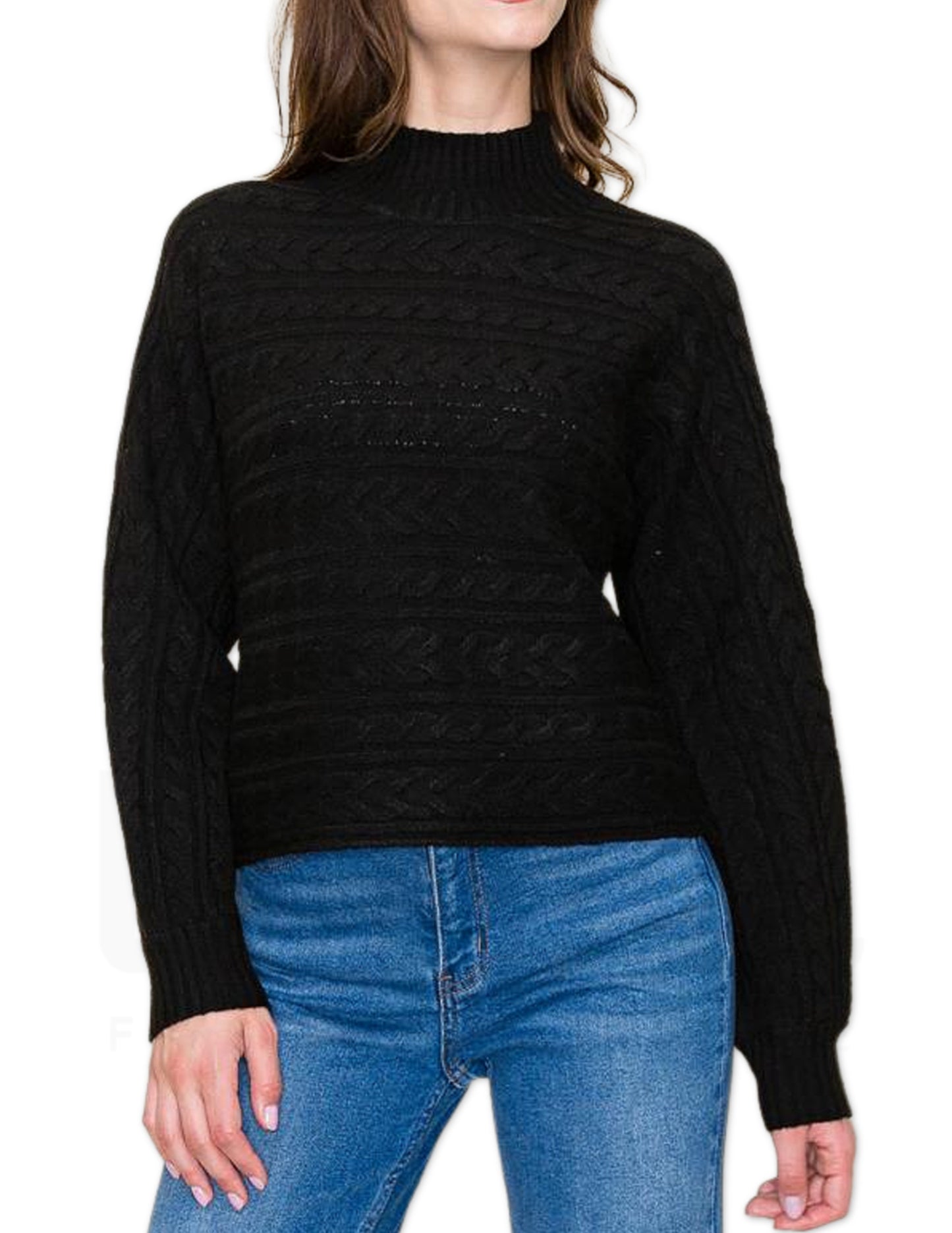 Cable Knit Mock Neck Sweater - Black