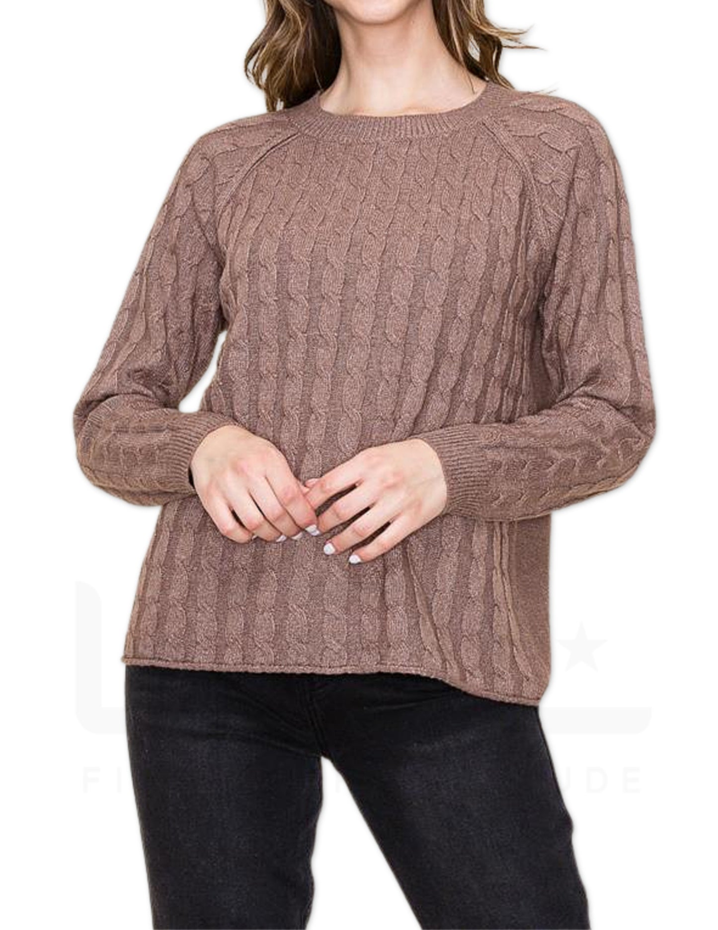 Cable Knit Raglan Sleeve Sweater - Cappuccino