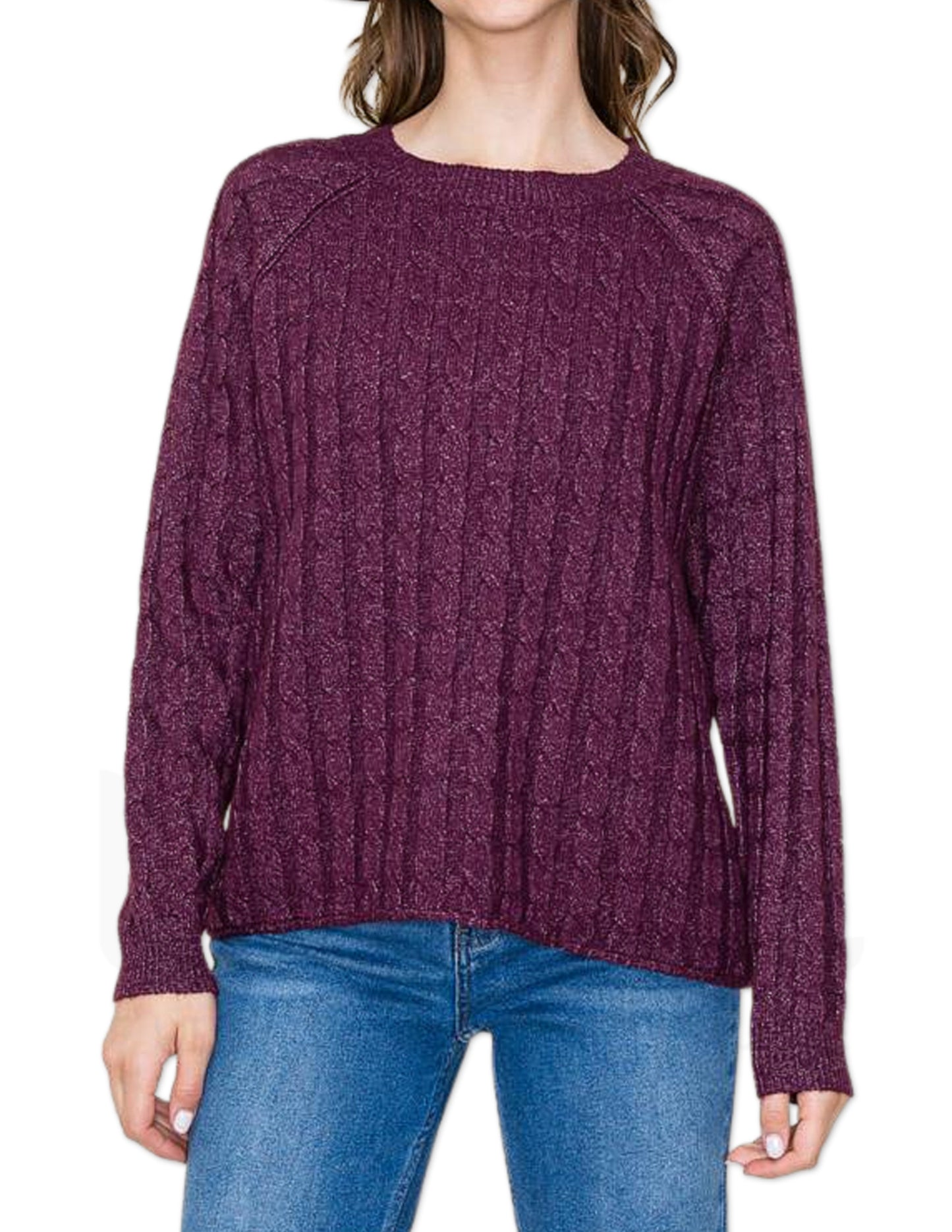 Cable Knit Raglan Sleeve Sweater - Dark Plum
