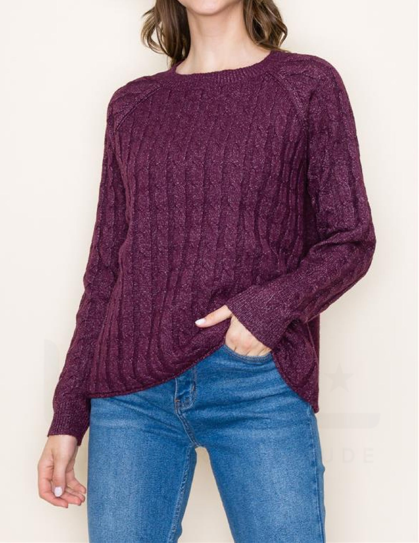 Cable Knit Raglan Sleeve Sweater - Dark Plum