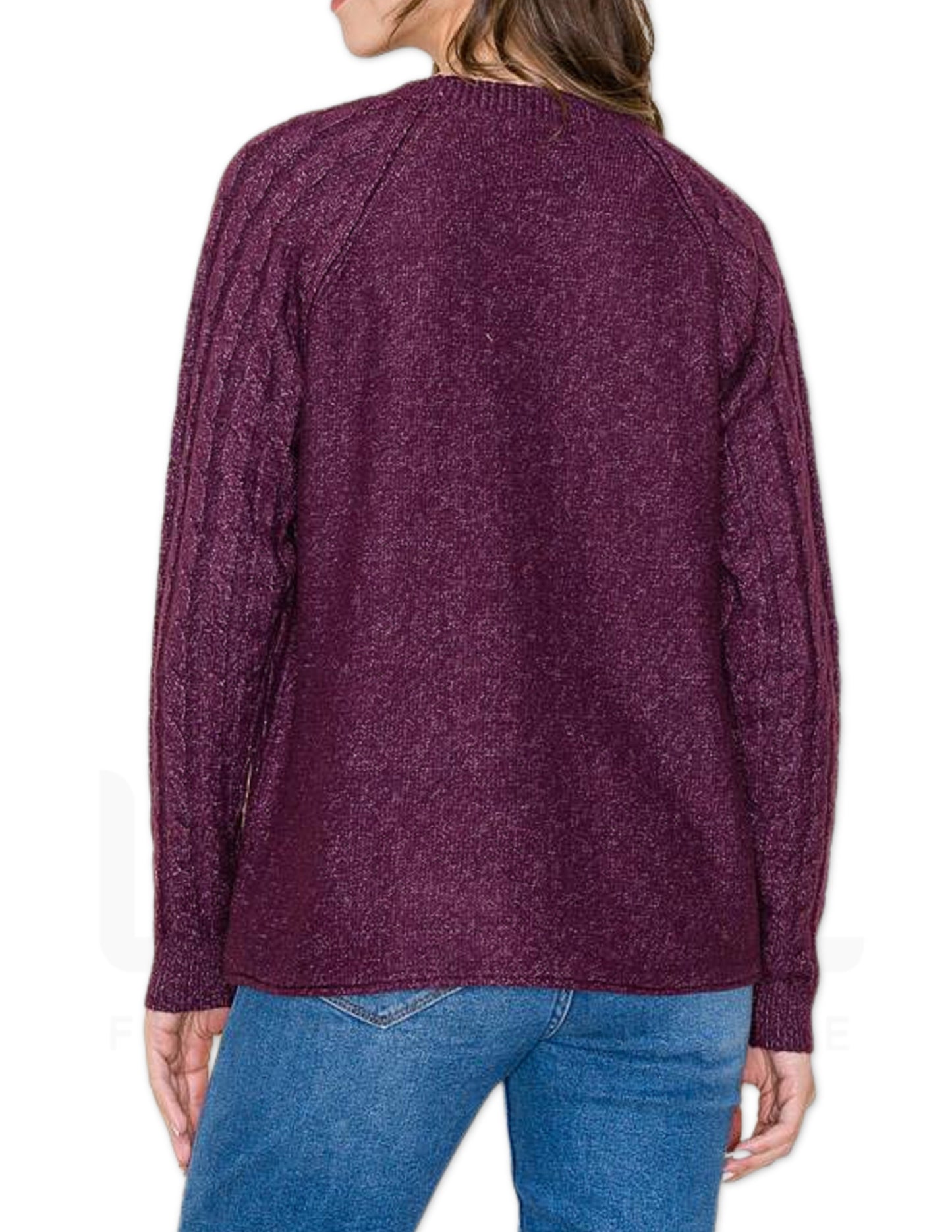 Cable Knit Raglan Sleeve Sweater - Dark Plum