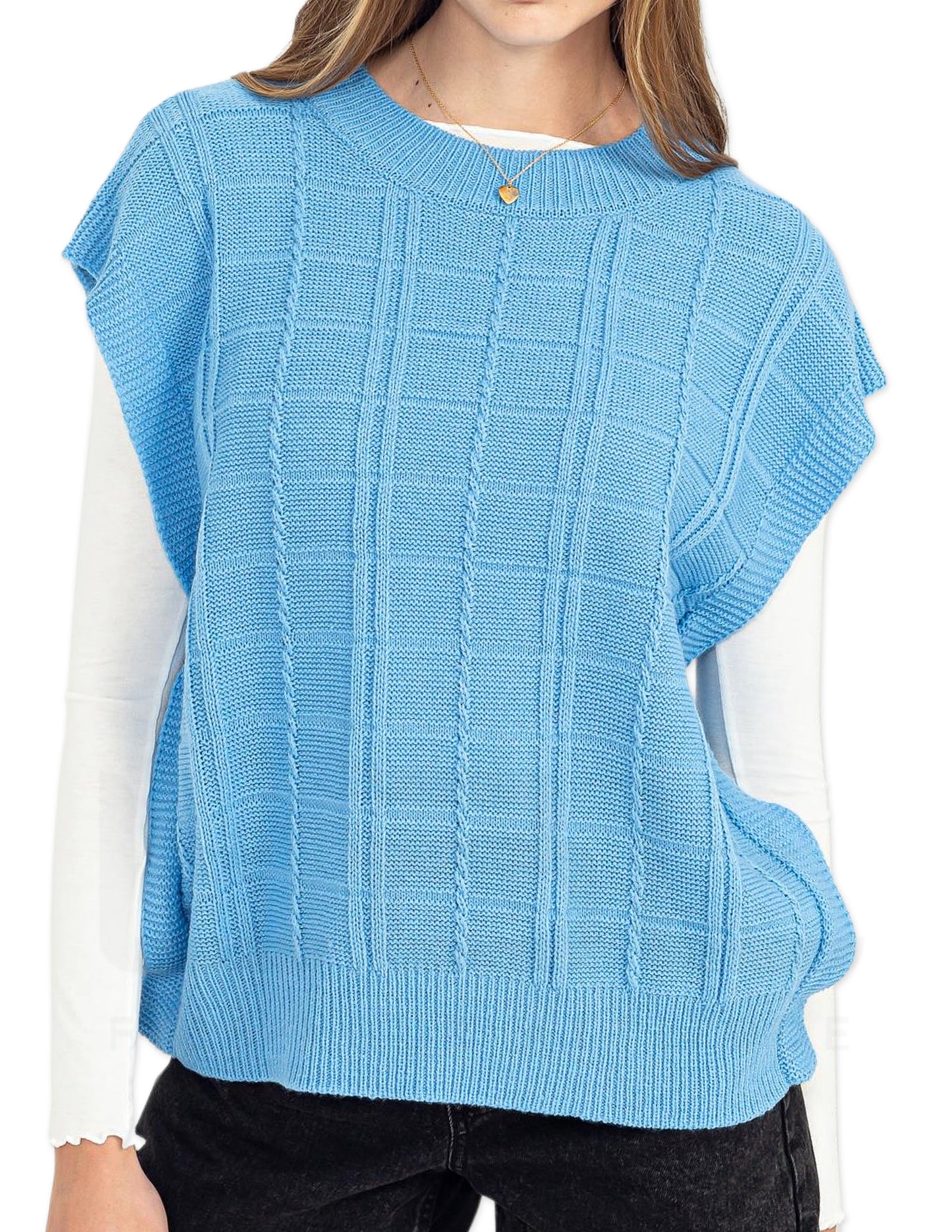 Sleeveless Oversized Cable Knit Sweater Vest - Medium Blue