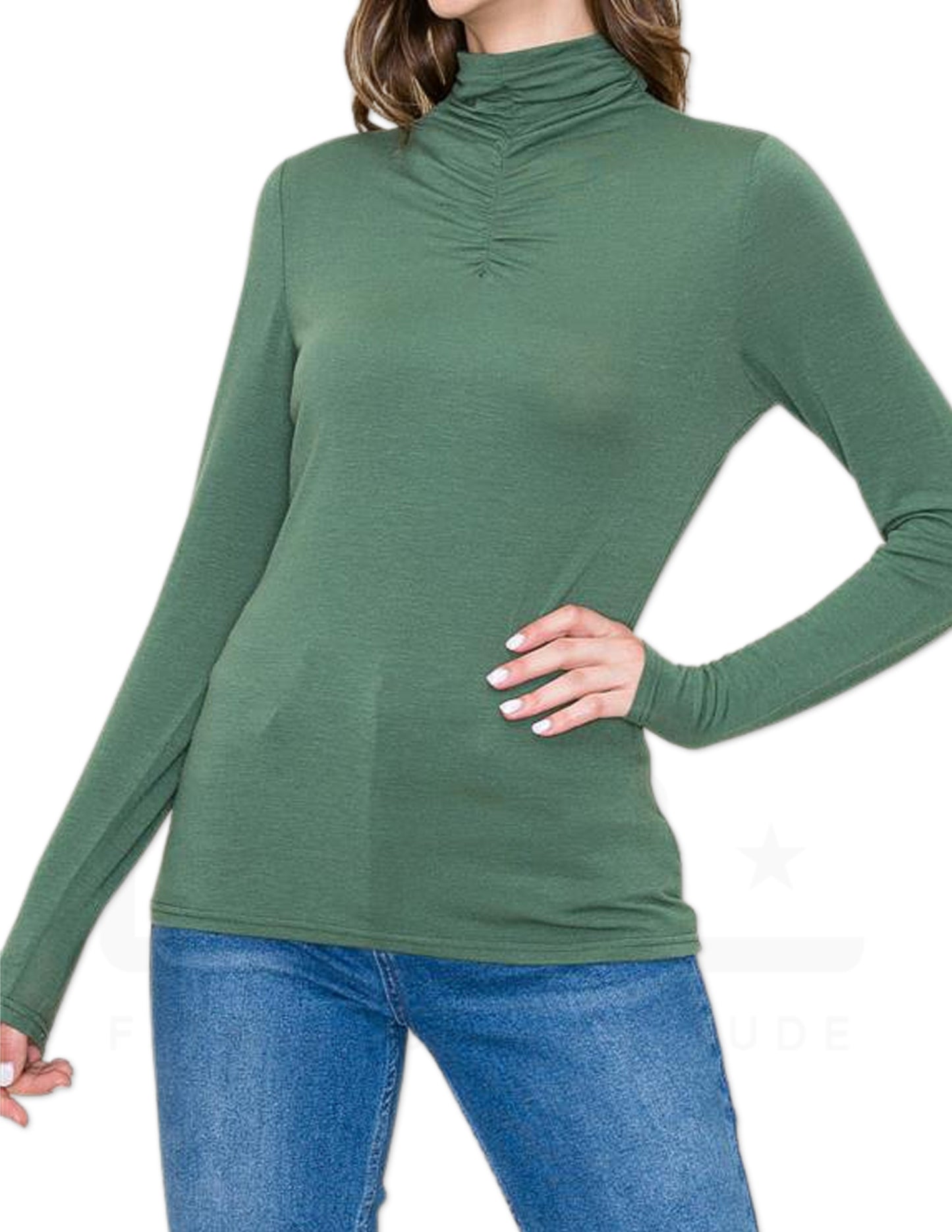 Mock Gathered Neck Long Sleeve - Olive