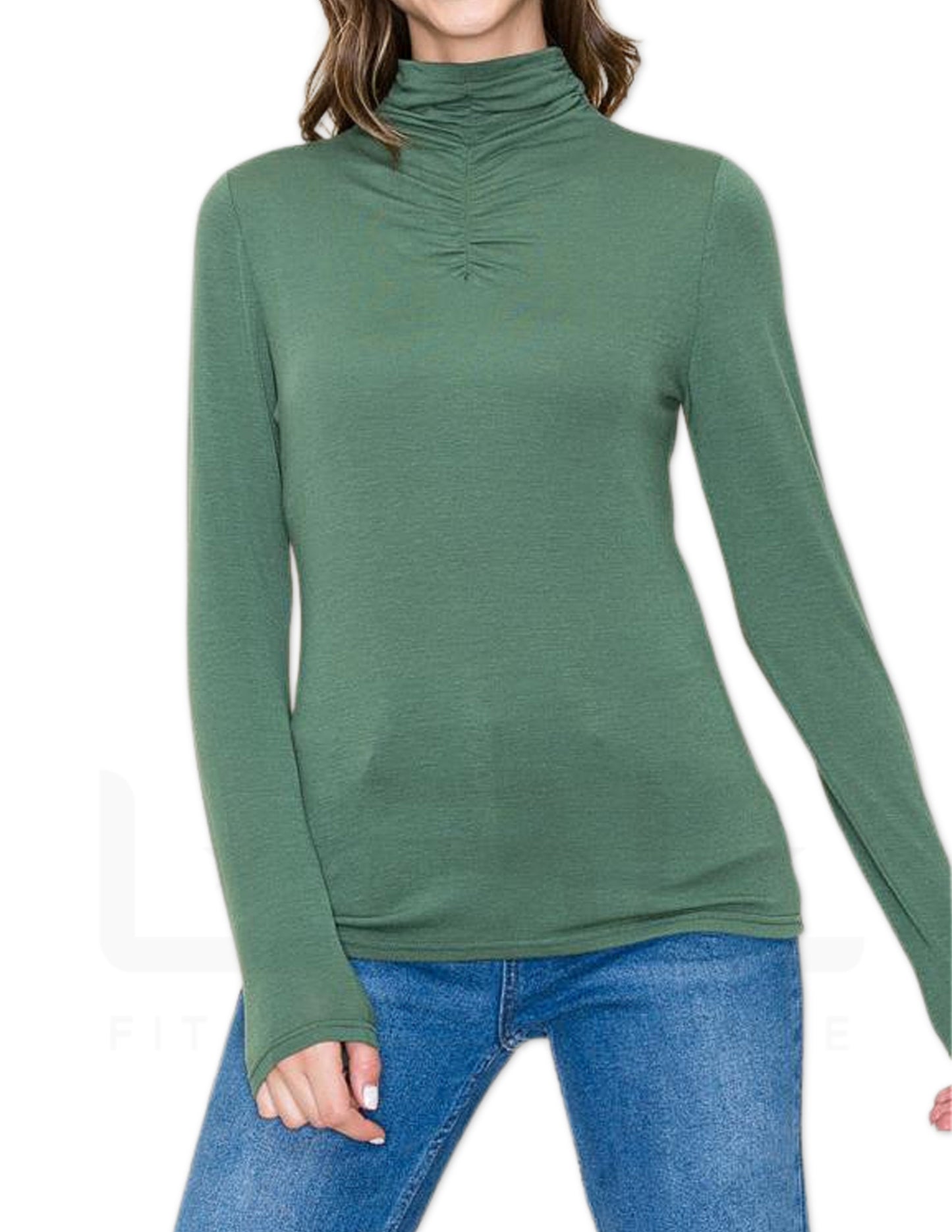 Mock Gathered Neck Long Sleeve - Olive