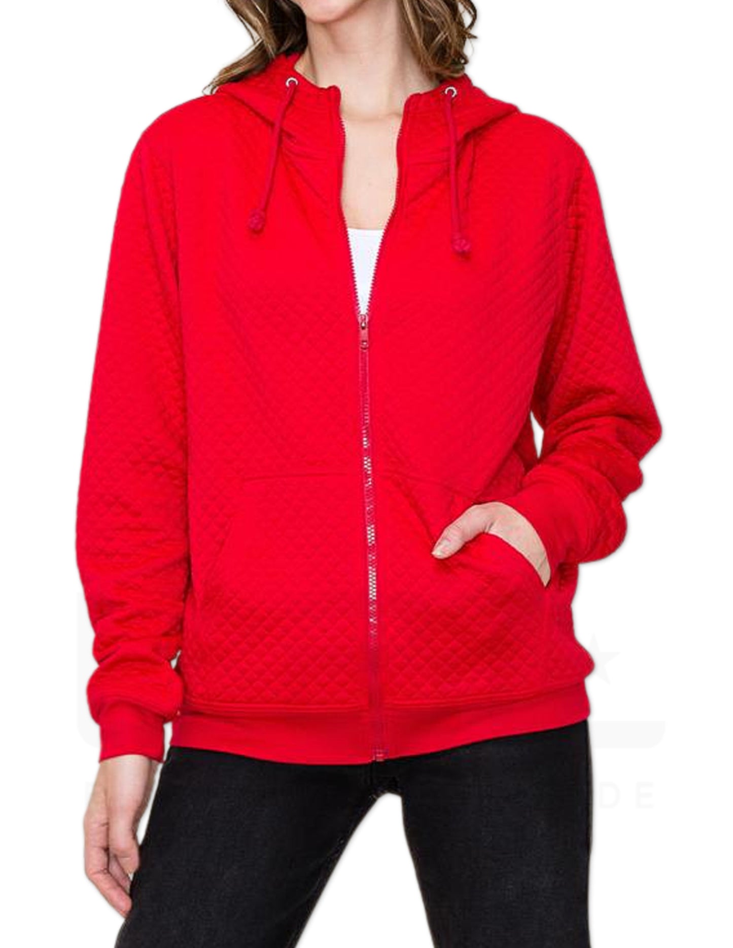 Kangaroo Pocket Quilted Hoodie - Red