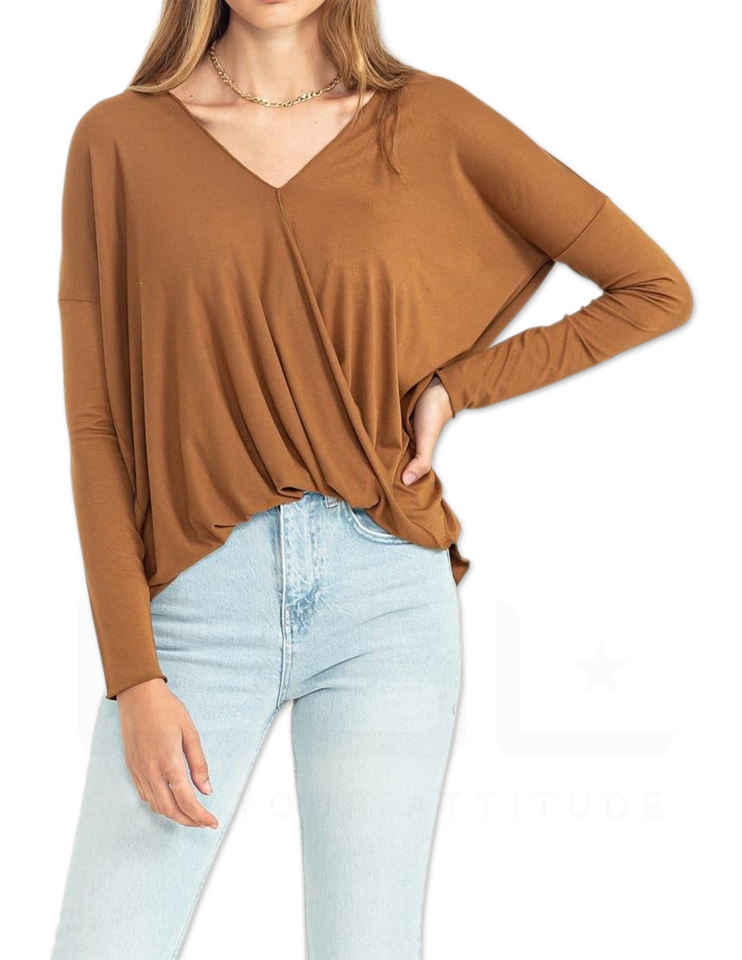 Long Sleeve Surplice Top - Pale Brown